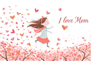Obraz na płótnie Canvas Mother's day greeting card cartoon. Girl and flying pink paper hearts on white background with text 