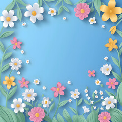 Spring background with beautiful flowers. Paper art style.