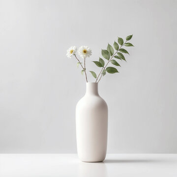 White fowers in a simple white vase on a white background. ai generative