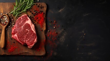 The upper part of the image features red raw meat on a black board, and a brown wooden hammer and ax against a pastel red background.
