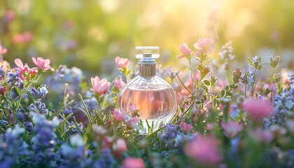 Luxury perfume with floral scent for women in a glass fragrance bottle in a flower garden among blooming flowers on a sunny day.