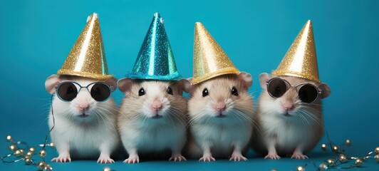 Fototapeta premium Tiny party hats adorn the heads of mice as they celebrate joyously.
