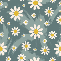 Vector seamless pattern with daisies on a green background with watercolor brush strokes.
