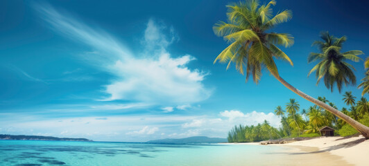 Fototapeta na wymiar Idyllic Tropical Beach with Palm Trees and Hut