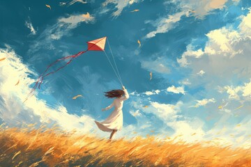 Lets go fly a kite, girl flying their kite.  - obrazy, fototapety, plakaty