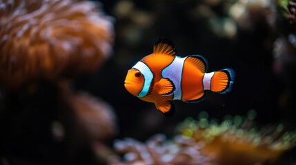 Fototapeta na wymiar Clown fish close-up on a black background in an aquarium.