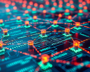 Computing technology and digital networking, abstract blue background with circuit lines and data communication, futuristic cyberspace concept