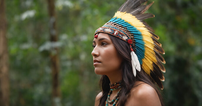A young woman wearing a colorful indigenous headdress performs a spiritual ritual in the forest, connecting with nature and ancestral traditions.