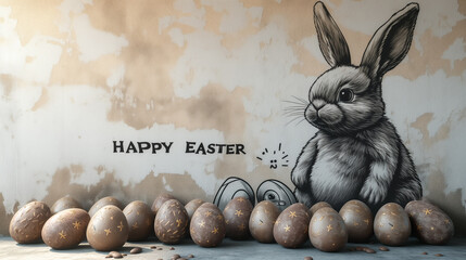 A big Easter bunny painted on a wall with stencil and some Easter decorated eggs nearby. Urban...