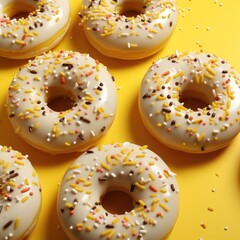 Tasty sweet donuts with sprinkles on a yellow background. Generative AI.