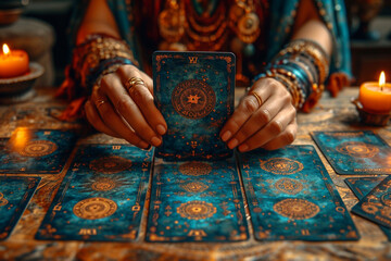 Fortune teller with tarot cards to prediction future. - obrazy, fototapety, plakaty