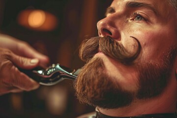 Man getting his mustache shaped by an electric trimmer in a barber shop.  - obrazy, fototapety, plakaty