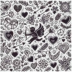 Embrace the spirit of Valentine's Day with this enchanting black and white doodle pattern, exuding charm and sentiment.