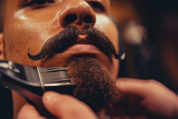 Man getting his mustache shaped by an electric trimmer in a barber shop.  - obrazy, fototapety, plakaty