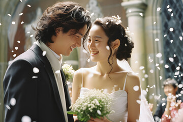 young asian couple having a garden wedding ceremony 