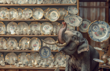 Elefant in Porzellanladen zerbricht Porzellanteller