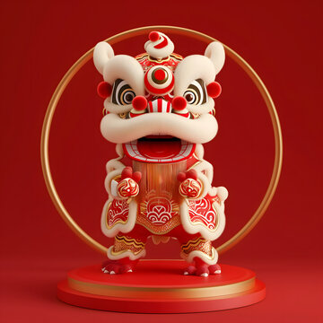 Chinese New Year seasonal social media background design with blank space for text. Cute dancing dragon doll with gold circle frame on red background.