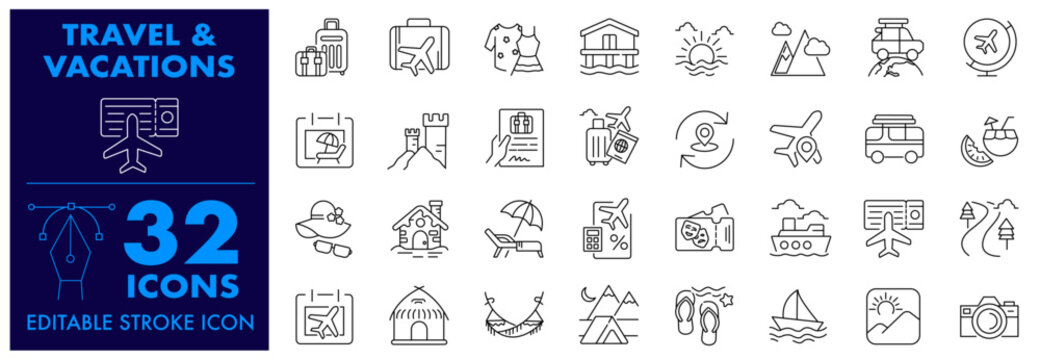 Travel and Vacations Editable Stroke icon sets. Summer vacations and holiday traveling and tourism Vector Line icons.