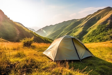 Tourist tent camping in mountains at sunny day
