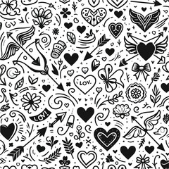 A delightful Valentine's Day pattern in black and white doodle style, conveying romance and heartfelt emotions.