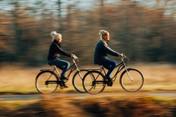 Obraz premium Mature heterosexual couple riding bicycles. Outdoor shot with movement.