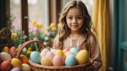 Fototapeta na wymiar Adorable kid with easter eggs