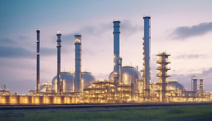 oil and gas power plant refinery with storage tanks facility for oil production or petrochemical factory infrastructure and oil demand price chart concepts as wide banner with copy space