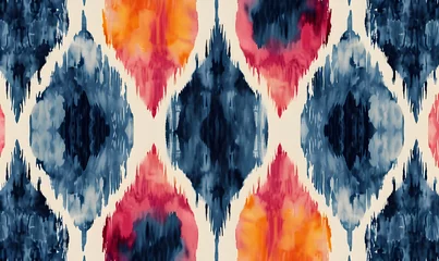 Tuinposter Ikat Seamless Pattern Design for Textile. Watercolor ikat seamless pattern. Vibrant ethnic rhombus pattern in watercolour style. © Chris