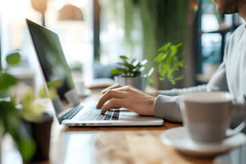 Close-up of hands of person working and typing on laptop in beautiful office