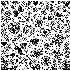 A vector illustration of a black and white Valentine's Day pattern, adorned with doodle elements.