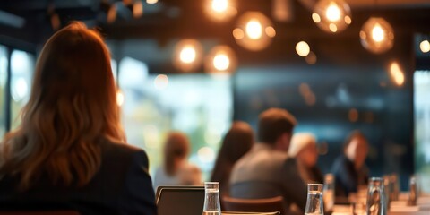 Close-up view corporate business team and their manager engaged in a focused meeting. The background features a blurred.
