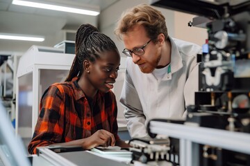 Fototapeta premium Mid adult multiracial professor explaining the laser cut machine to a student
