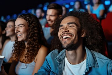 Mid-shot front view of young diverse couple having a good time while watching a film inside movie theater 