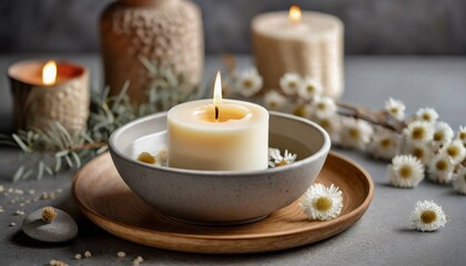 Fototapeta na wymiar Burning soy candle in ceramic bowl and dried flowers