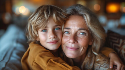 Grandma and grandson spend beautiful time together, they are happy and enjoy themselves.