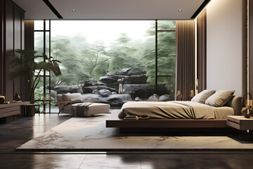 Zen inspired bedroom with Tranquil Indoor Gardens - obrazy, fototapety, plakaty
