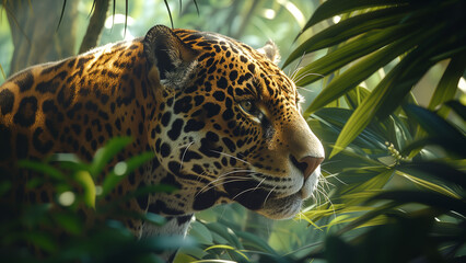 Camouflage in the Canopy: A Sleek Jaguar Amidst Dappled Sunlight