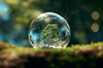 Nature, environment, landscape concept. Abstract and surreal illustration of green tree growing inside water or glass bubble in nature background with copy space. Minimalist style