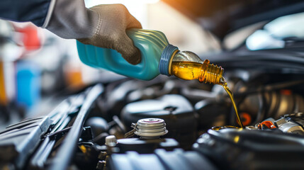 close-up of a fresh engine oil being poured into the motor of a vehicle - obrazy, fototapety, plakaty