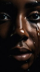 Emotive close-up of a black woman's tear-streaked face, highlighting her gaze and the depth of emotion