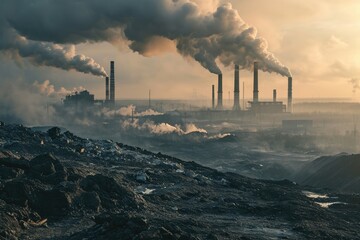 Ruined landscape with massive smoke coming out from chimneys in background. Air pollution and poisonous environment.