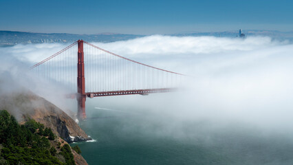 Foggy San Francisco golden gate bridge skyline