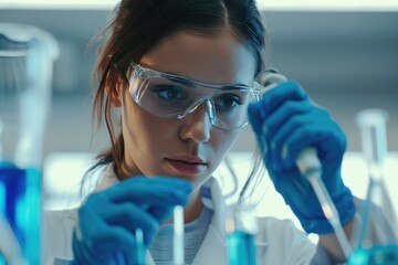 Selective focus shot of serious female scientist in lab coat and protective eyewear taking a sample of blue liquid from erlenmeyer with a pipette.