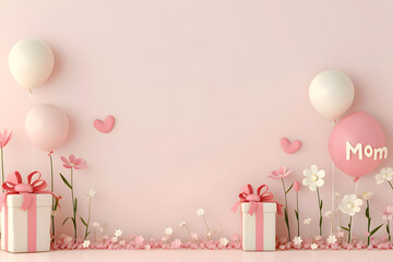 Happy mothers day decoration background with gift box and balloon with text "Mom" 
