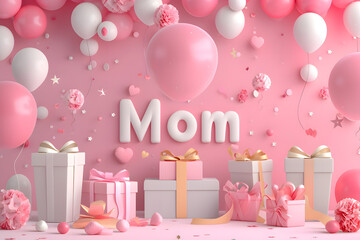 Happy mothers day decoration background with gift box and balloon with text "Mom" 