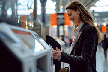 Business woman asking for directions at information terminal at train station while smiling - obrazy, fototapety, plakaty