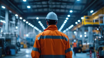 Rear view man professional Worker Wearing Safety Vest and Hard Hat. In the Background Big Warehouse with Shelves full of Delivery Goods, generative ai