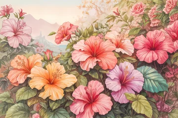 Behang Hibiscus garden floral drawing paintng  flower chiness rose water painting pastel colorful © NowaT5