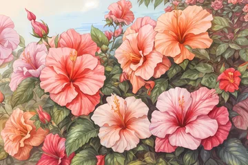 Fototapete Rund Hibiscus garden floral drawing paintng  flower chiness rose water painting pastel colorful © NowaT5