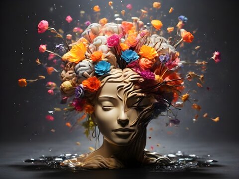 Concept art of a human brain exploding with creativity. brain exploding with flowers, surrelaism abstract, abstrac human brain exploding creativity, generative ai, ai generative abstract concept art.
